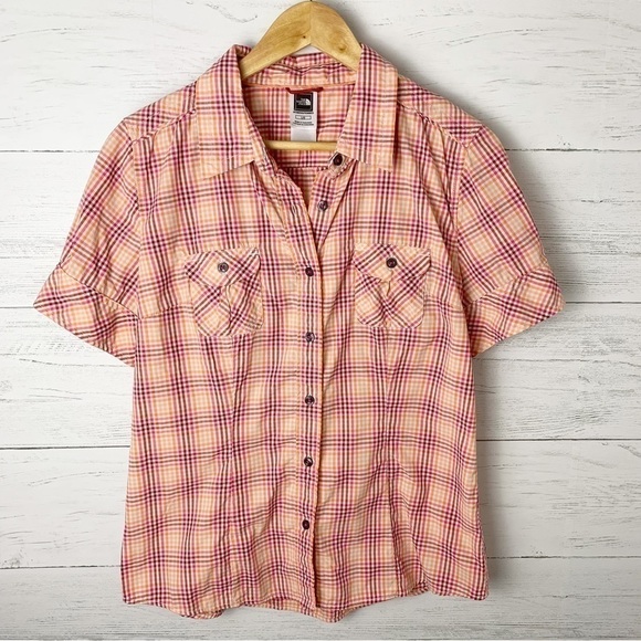 𝅺THE North Face Plaid Short Sleeve Button Down Shirt Orange Pink Golf Hiking - Picture 1 of 10
